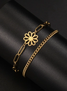 时尚气质甜级感切割不锈钢实心九瓣花吊坠女双层拼接双层手链