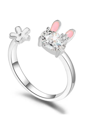 日韩可爱小兔子戒指 甜花朵食指戒子女 ins网红开口指环