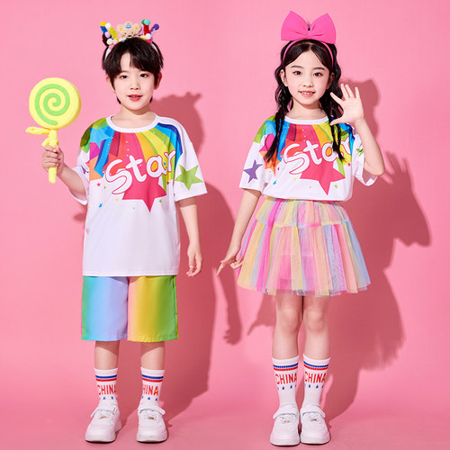 儿童啦啦队演出服小学生运动会服装幼儿园多巴胺彩虹毕业表演班服 - 图3