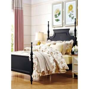 美克美家全实木床法式复古简约手绘双人主卧家具黑色高端柱子婚床