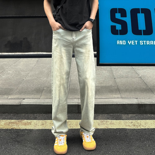 QUALCOMM小众美式潮流高街复古蓝直筒长裤男高腰百搭显瘦牛仔裤子 - 图1