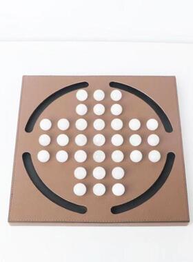 现代简约样板间售楼处皮质榉木棋盘艺术创意饰品书房客厅软装摆件