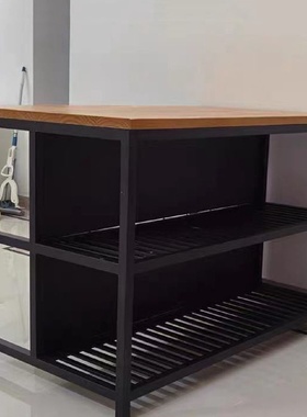 沃顿岩板开放式厨房中岛台单独可移动料理台吧桌一体铁艺实木餐边