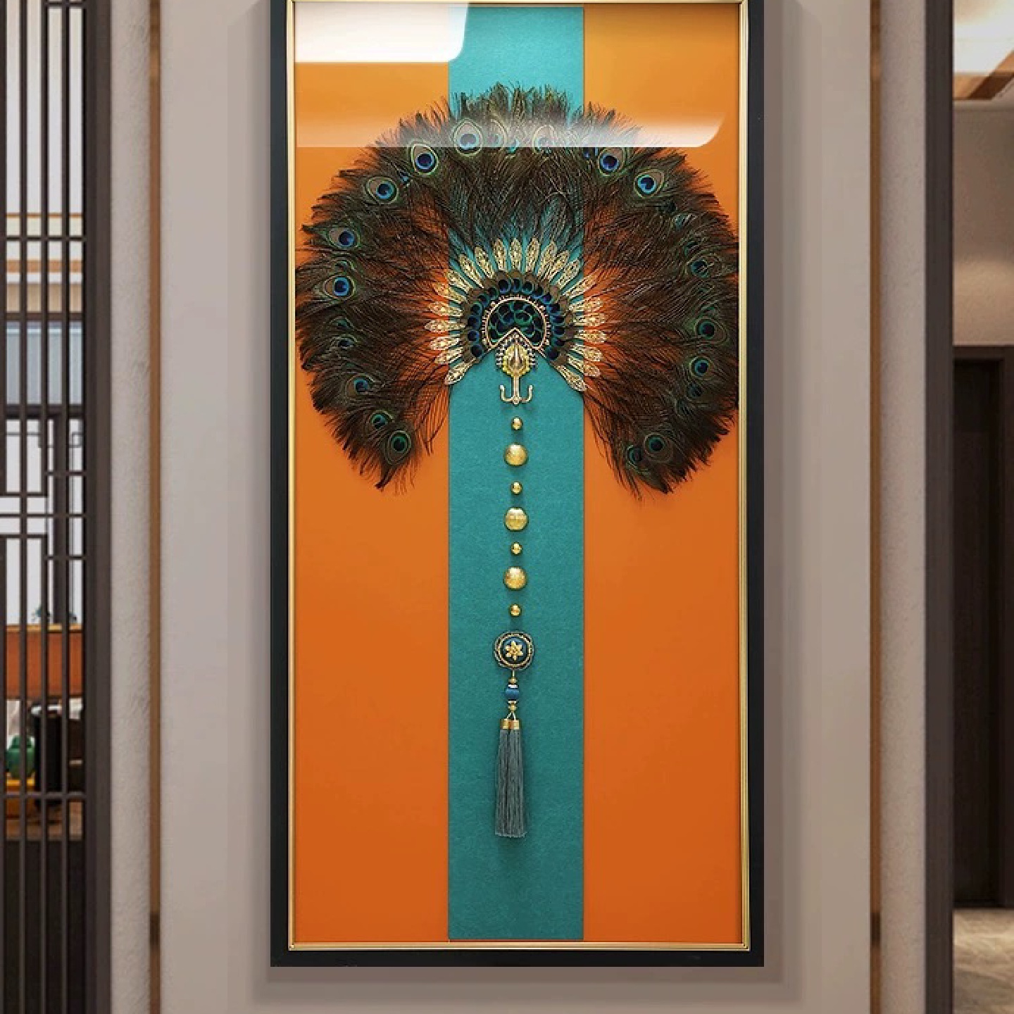 新中式入户玄关画走廊过道尽头壁画3d实物立体装饰画孔雀羽毛挂画 - 图2