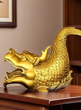 鸱吻摆件厨房黄铜龙头鱼鳌鱼瑞兽螭吻铜器摆件龙鱼家居饰品工艺品