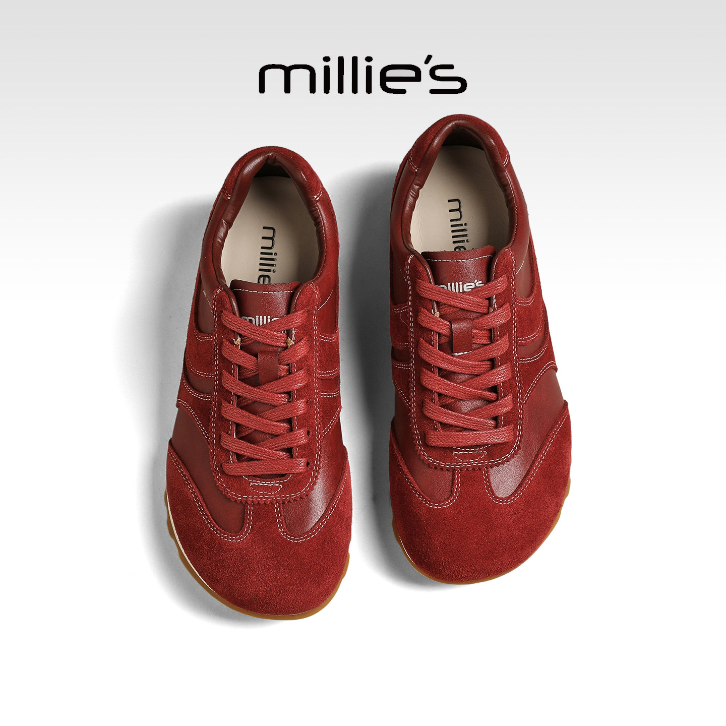 MILLIE'S/妙丽复古风红色德训鞋女平底休闲鞋时尚百搭圆头阿甘鞋,淘宝优惠券,粉丝福利购,淘宝优惠卷