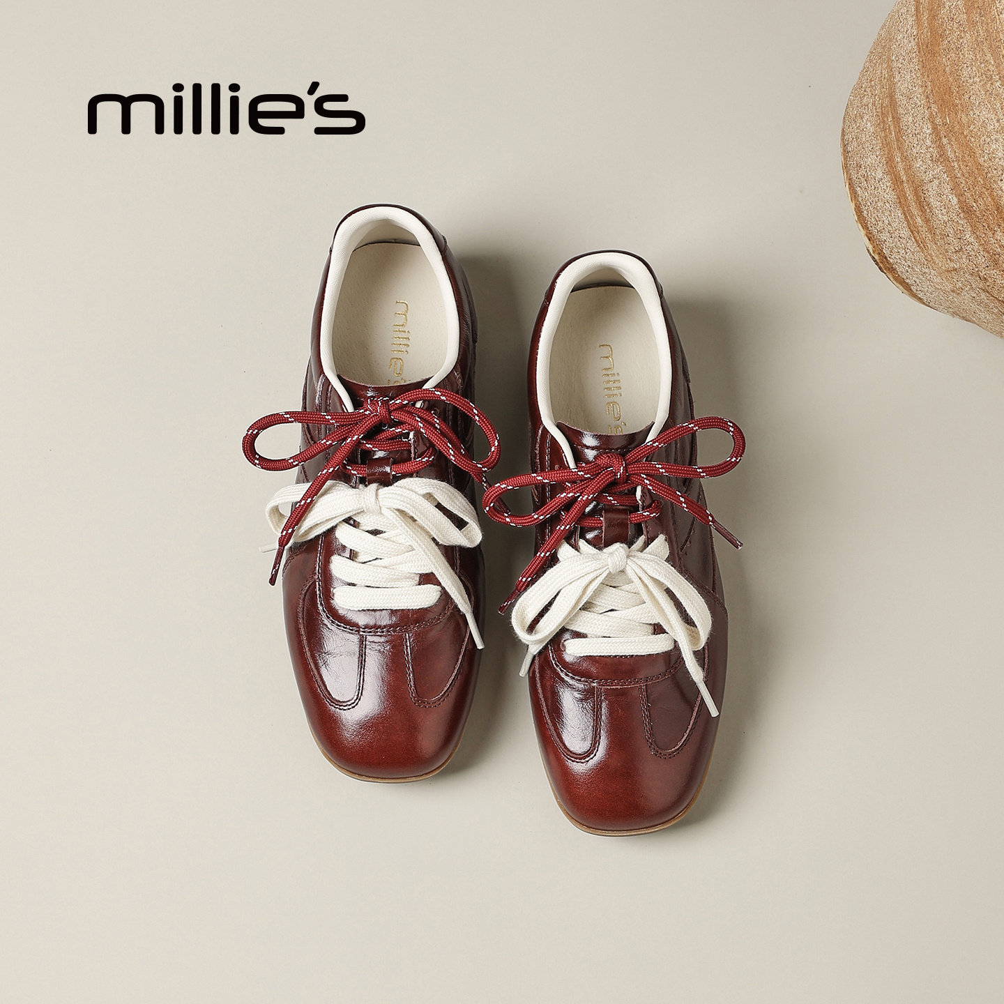 MILLIE'S/妙丽真皮复古德训鞋女百搭休闲鞋车厘子色系带深口单鞋,淘宝优惠券,粉丝福利购,淘宝优惠卷