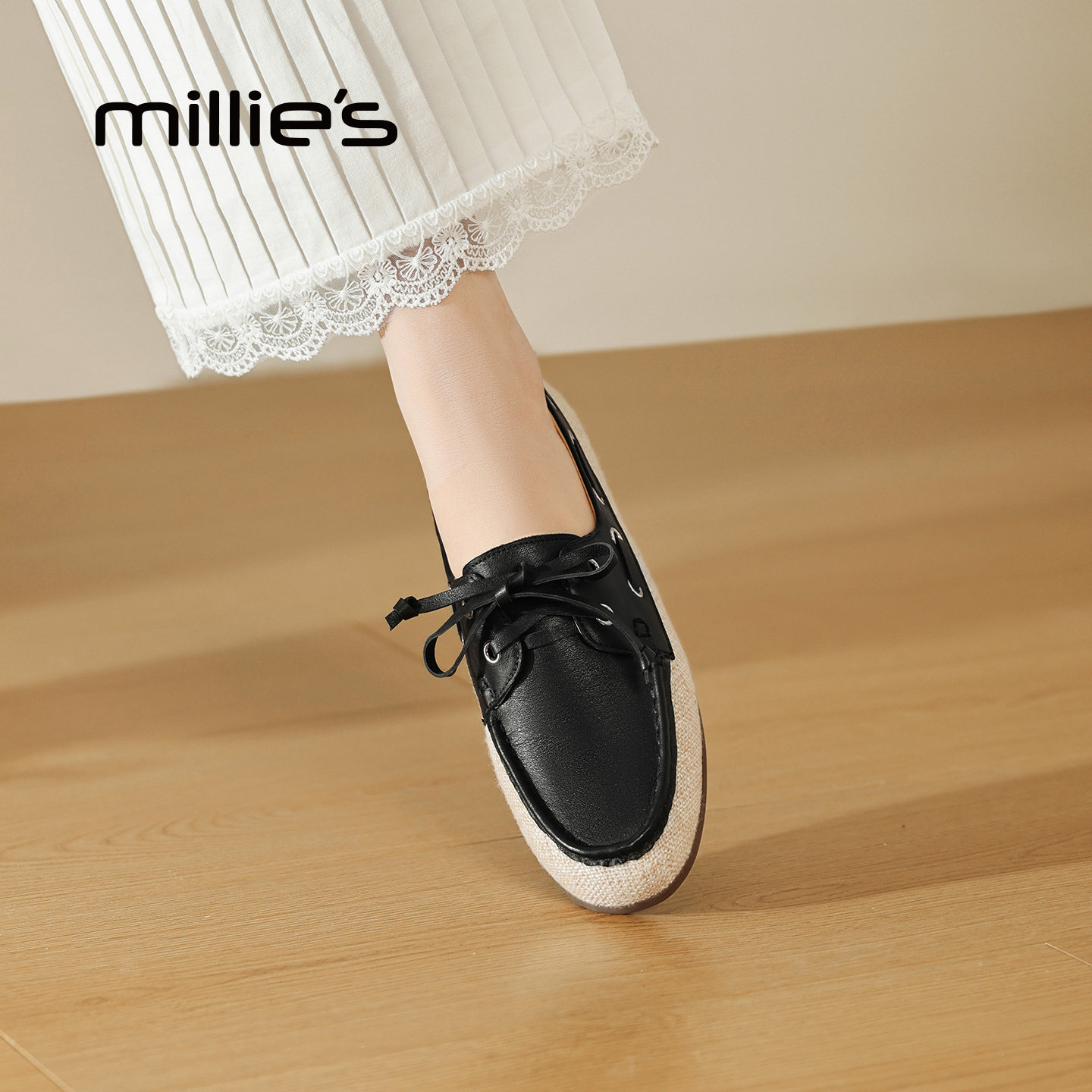 MILLIE'S/妙丽复古风真皮系带乐福鞋女款黑色厚底休闲豆豆鞋单鞋,淘宝优惠券,粉丝福利购,淘宝优惠卷