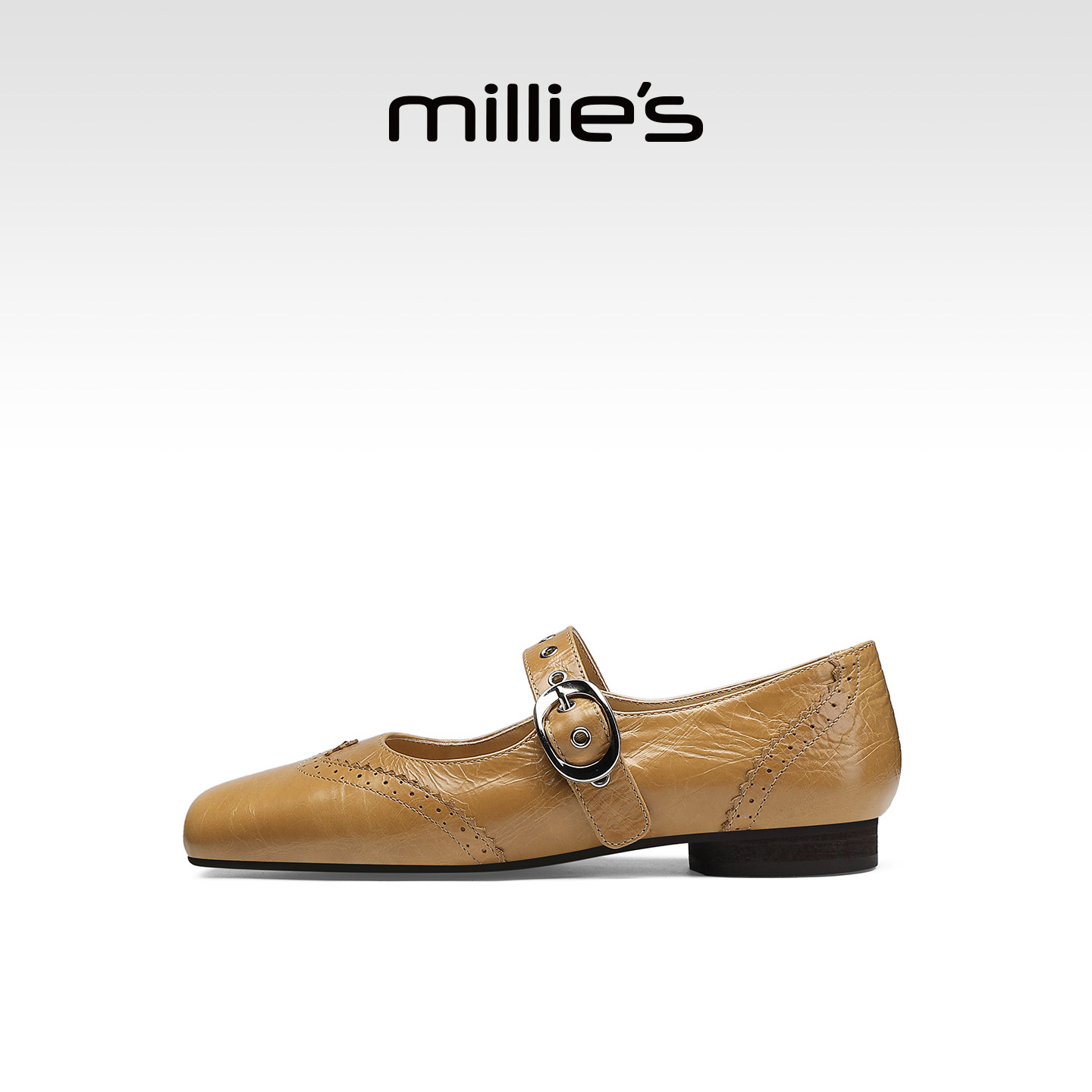 MILLIE'S/妙丽真皮玛丽珍鞋女焦糖色平底一字带优雅复古浅口单鞋,淘宝优惠券,粉丝福利购,淘宝优惠卷