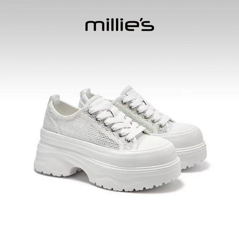 millies妙丽女鞋网面休闲鞋厚底增高小白鞋百搭透气鞋2025新款夏