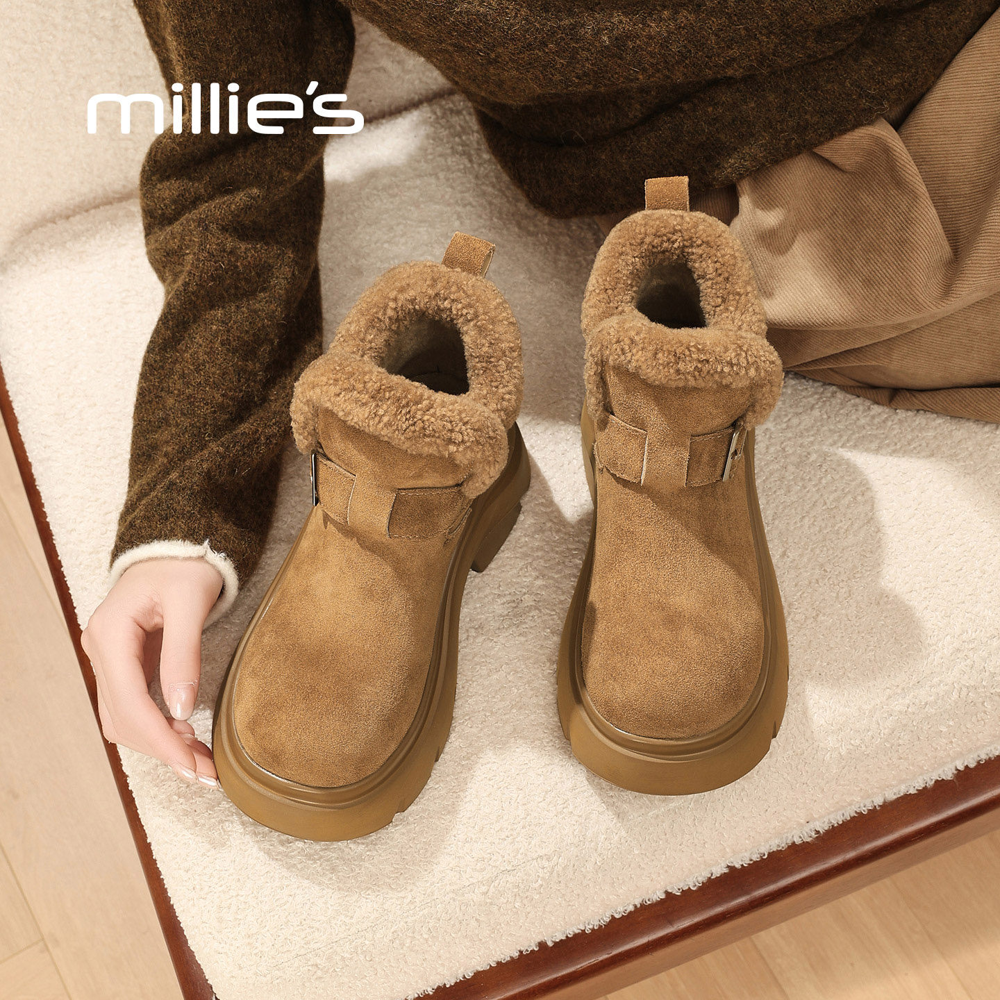 MILLIE'S/妙丽厚底雪地靴女款羊毛翻边加绒真皮大棉鞋子秋冬新款,淘宝优惠券,粉丝福利购,淘宝优惠卷