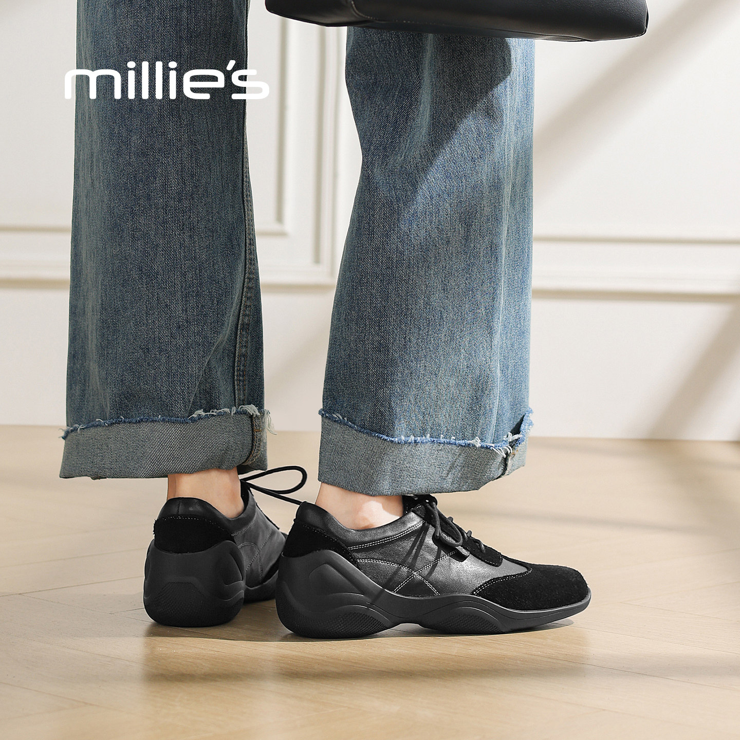 MILLIE'S/妙丽黑色软皮拼接德训鞋女款系带舒适小众设计深口单鞋,淘宝优惠券,粉丝福利购,淘宝优惠卷