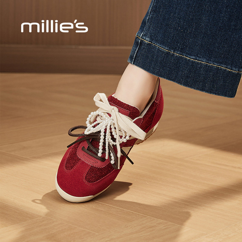 millies妙丽圆头红色德训鞋女2025春秋双色交叉绑带小众别致时尚,淘宝优惠券,粉丝福利购,淘宝优惠卷