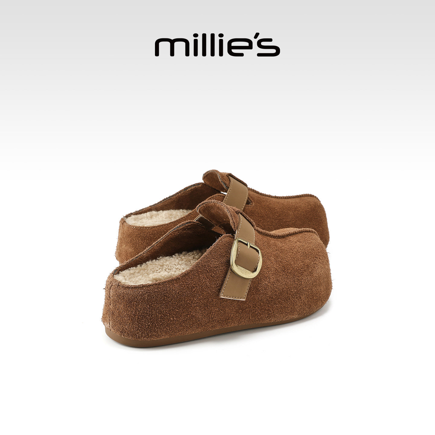 millies妙丽女鞋厚底加绒勃肯半拖鞋2025年冬季新款毛毛包头拖鞋,淘宝优惠券,粉丝福利购,淘宝优惠卷