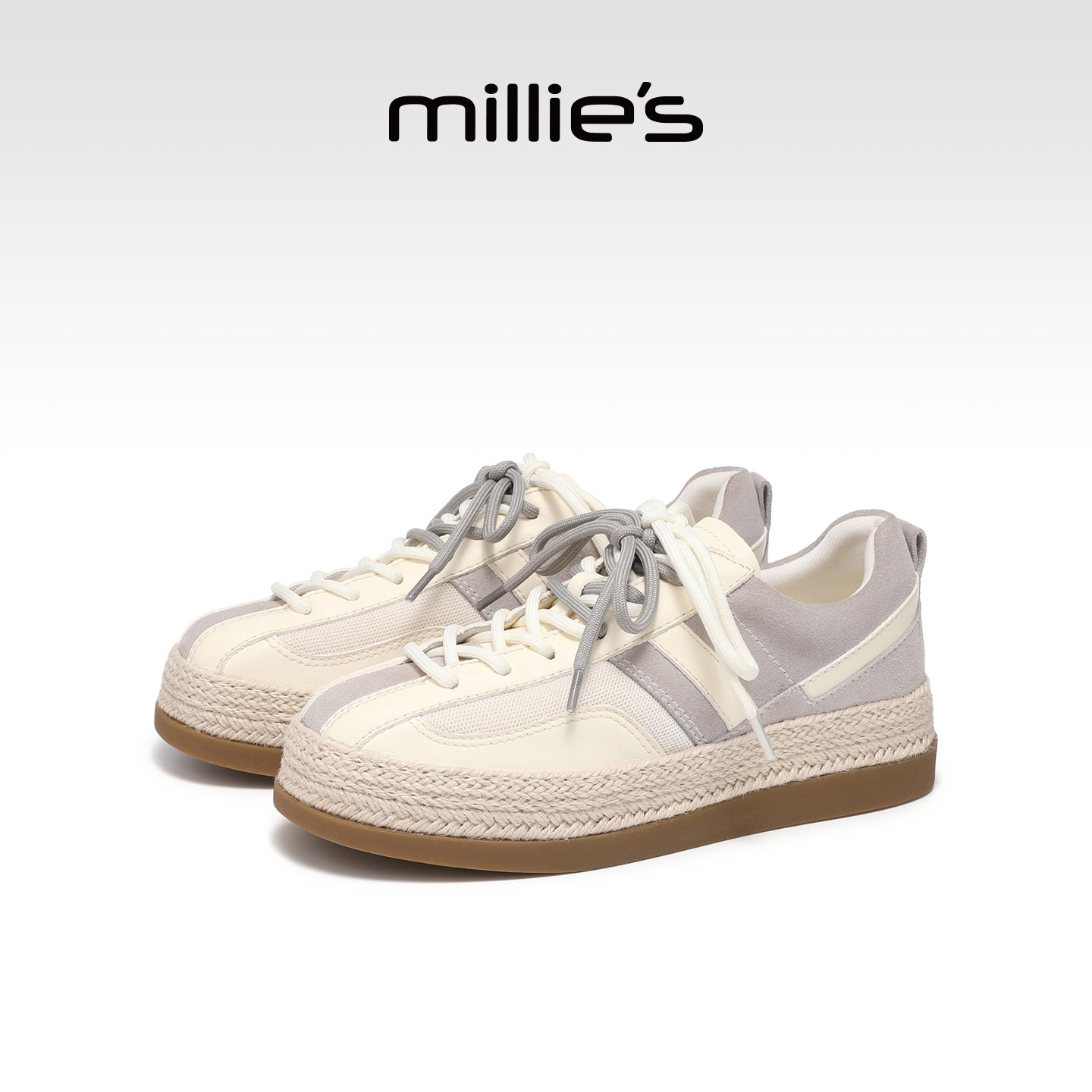 MILLIE'S/妙丽米色系带渔夫鞋女款平底休闲板鞋百搭舒适深口单鞋,淘宝优惠券,粉丝福利购,淘宝优惠卷