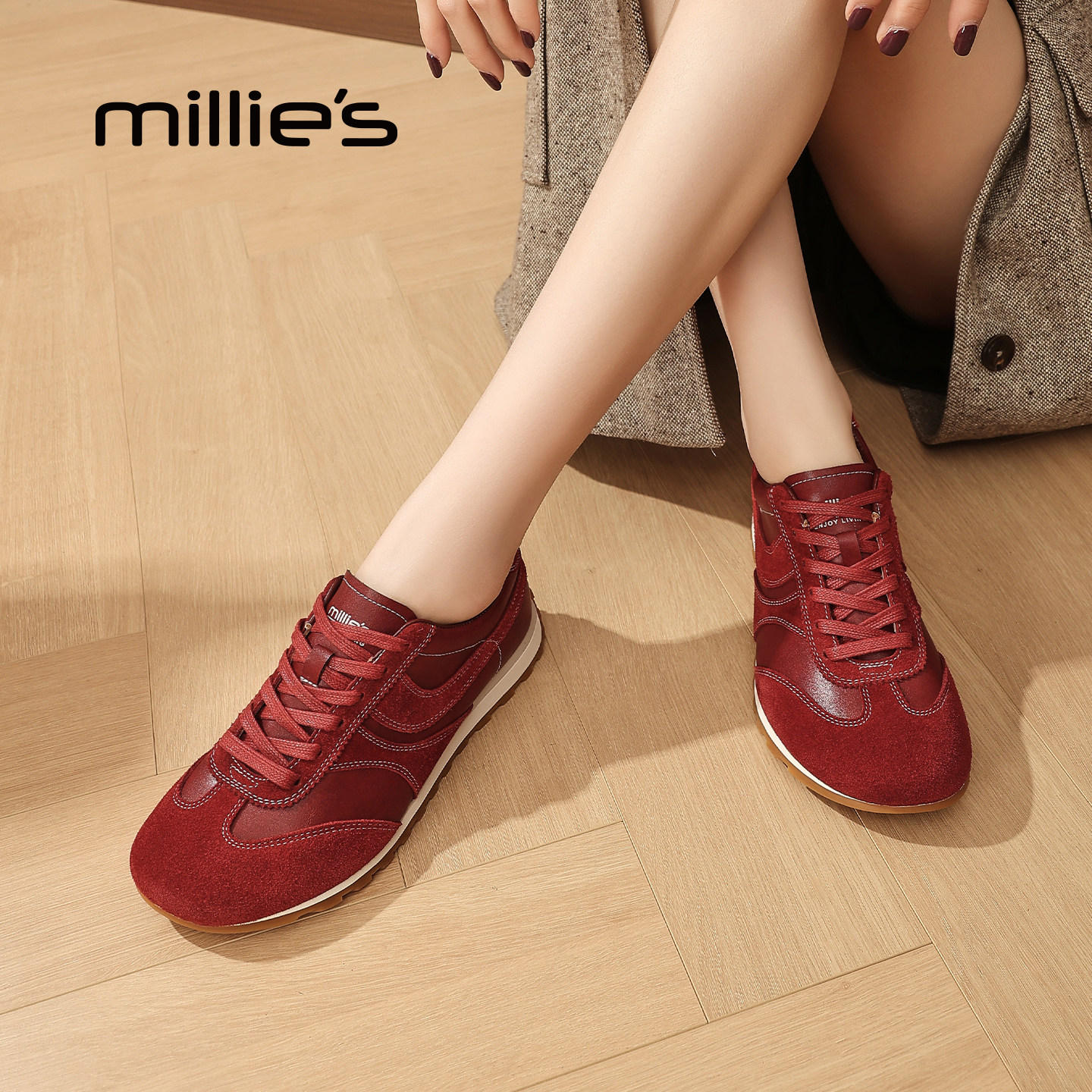 MILLIE'S/妙丽复古风红色德训鞋女平底休闲鞋时尚百搭圆头阿甘鞋,淘宝优惠券,粉丝福利购,淘宝优惠卷