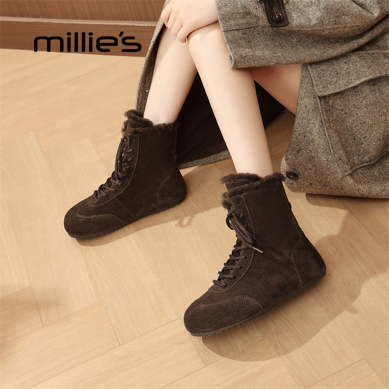 millies妙丽加绒短靴女款秋冬系带骑士靴真皮马丁靴加棉保暖棉靴,淘宝优惠券,粉丝福利购,淘宝优惠卷