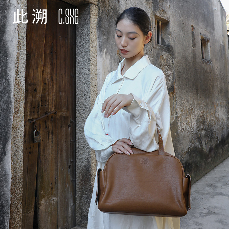 此溯头层植鞣牛皮大容量保龄球包新中式原创设计单肩斜挎手提包女,淘宝优惠券,粉丝福利购,淘宝优惠卷