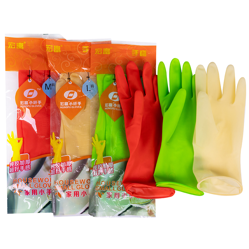 宏富女士贴手手套薄款短款家用防水清洁插秧胶皮厨房乳洗碗胶牛筋 - 图0