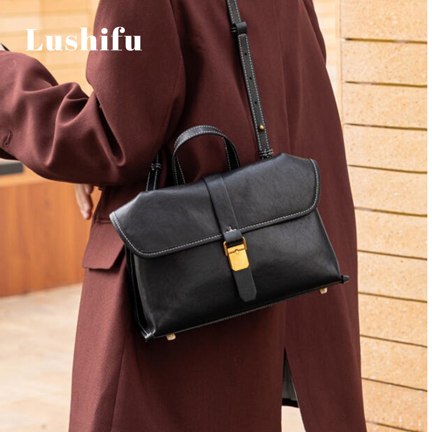 鹿师傅植鞣牛皮邮差包单肩斜挎包时尚手提包2026新款复古大容量包,淘宝优惠券,粉丝福利购,淘宝优惠卷