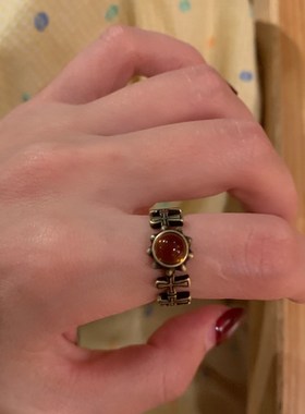琥珀十字架 vintage戒指女设计小众古着高级感开口个性食指戒复古