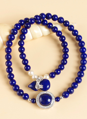 青金石手串女水晶葫芦首饰珍珠天然青晶石双层手链ins小众设计