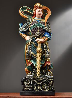 彩绘木雕伽蓝韦陀佛像摆件实木韦驮关公菩萨左右护法关公寺庙佛堂