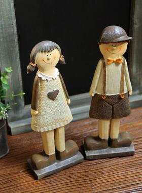 乡村田园风格彷木风格卡哇伊娃娃夫妇树脂装饰品客厅儿童室家居配
