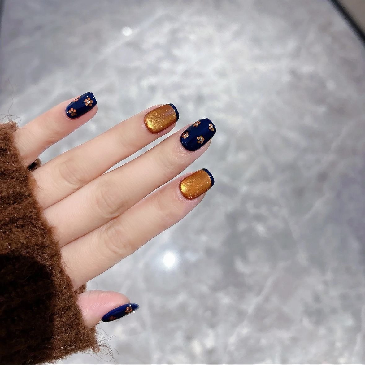 【鎏金小花】纯手工穿戴甲秋冬复古老钱风鎏金猫眼短款蓝色法式美,淘宝优惠券,粉丝福利购,淘宝优惠卷