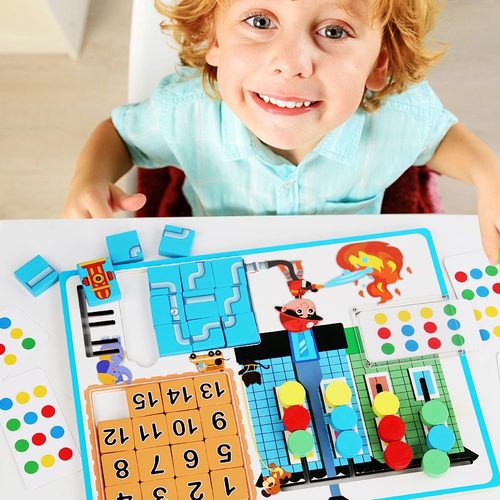 三合一游戏板儿童益智玩具数字华容道消防员水管拼图颜色走位桌游 - 图0