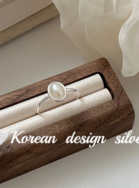 韩版 ins 风小众 S925 纯银椭圆珍珠戒指女开口可调节银饰指环