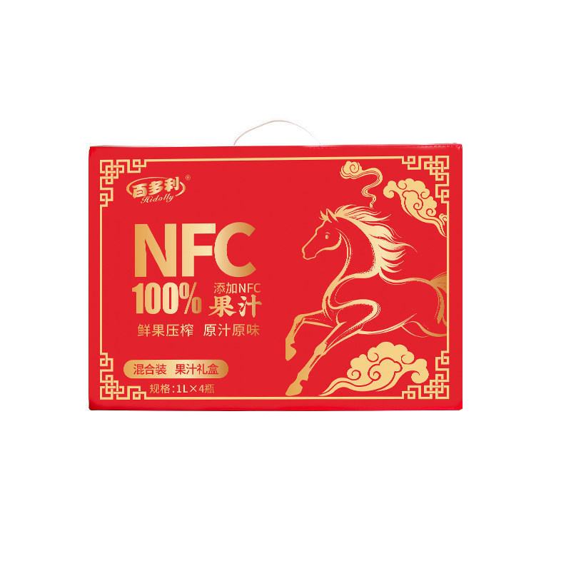 2026年百多利马年礼盒NFC椰子水苹果汁1L×4瓶鲜果压榨原汁原味
