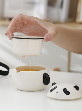 国潮【功夫熊猫】一壶三杯旅行茶具套装便携式陶瓷快客杯户外泡茶