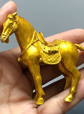 古玩铜器镀金唐马摆件战马带马鞍小马驹鎏金铜马室内桌面装饰摆件