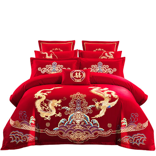 结婚四件套全棉婚庆刺绣纯棉大红色六八十件套新婚房喜被床上用品 - 图3