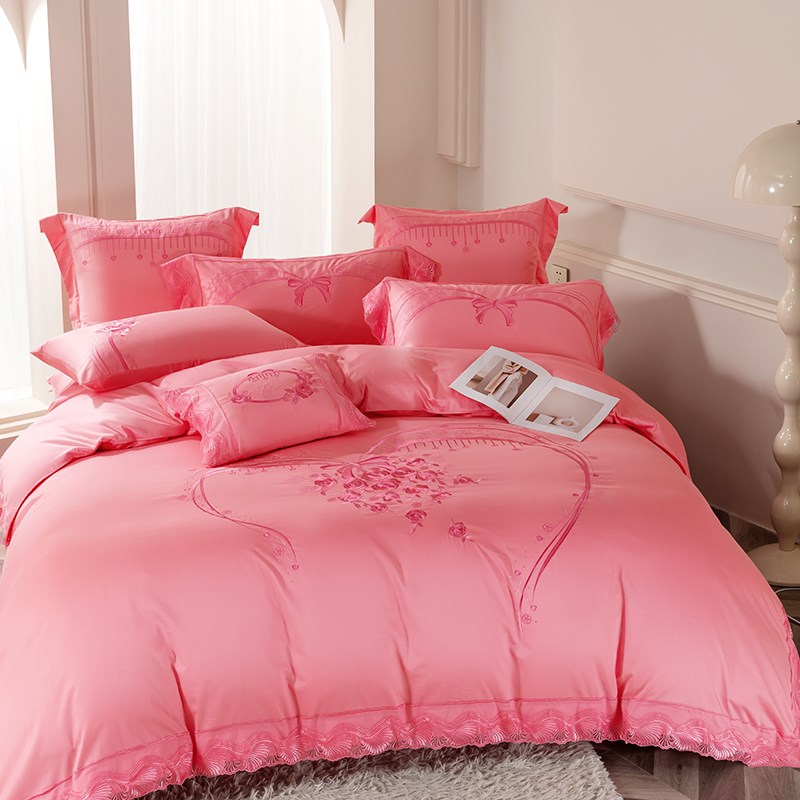 140支全棉婚庆四六件套刺绣蕾丝结婚粉红色被套床单新婚床上用品 - 图1