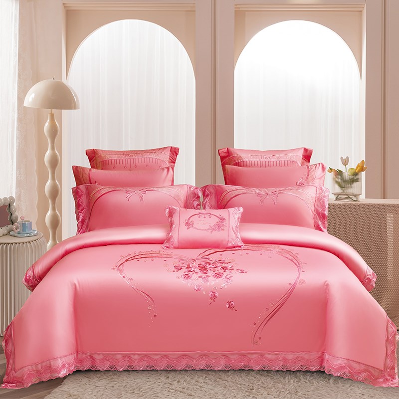140支全棉婚庆四六件套刺绣蕾丝结婚粉红色被套床单新婚床上用品 - 图0