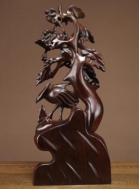 黑檀木雕松鹤延年摆件红木雕刻工艺礼品摆饰实木家居饰品客厅摆设