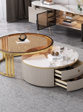 轻奢岩板茶几圆形钢化玻璃现代简约客厅小户型茶几电视柜组合套装