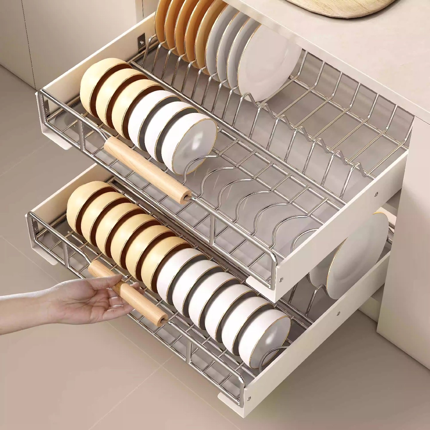厨房碗盘收纳架碗碟拉篮抽屉式置物架橱柜内沥水抽拉碗篮内置碗架,淘宝优惠券,粉丝福利购,淘宝优惠卷