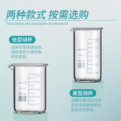 Labshark玻璃烧杯耐高温带刻度高型低型烧杯大容量量杯250 500ml - 图2