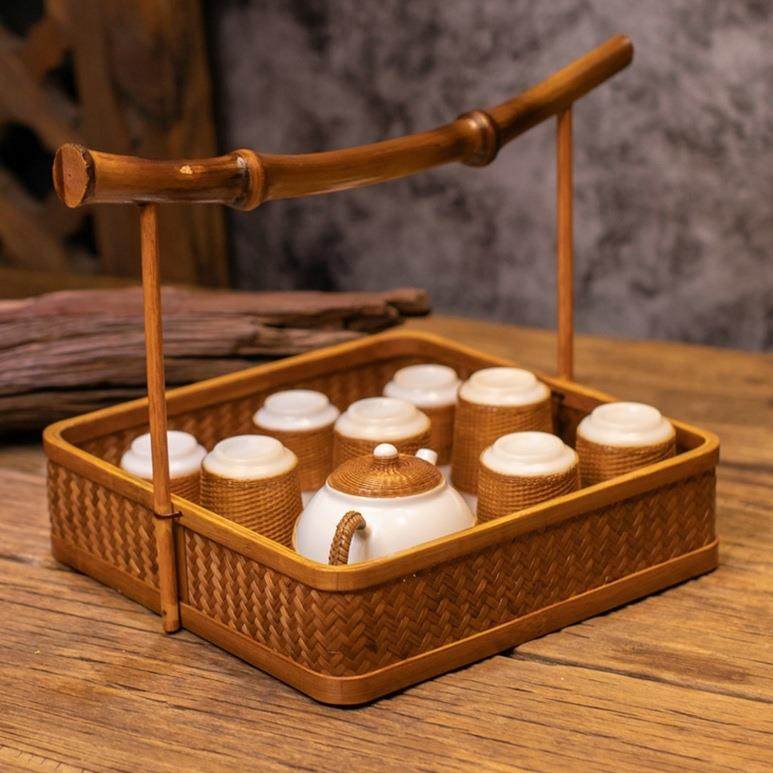 中式筇竹手工竹编仿古手提茶盘长方形圆形大号水果盆茶点盘收纳盒,淘宝优惠券,粉丝福利购,淘宝优惠卷