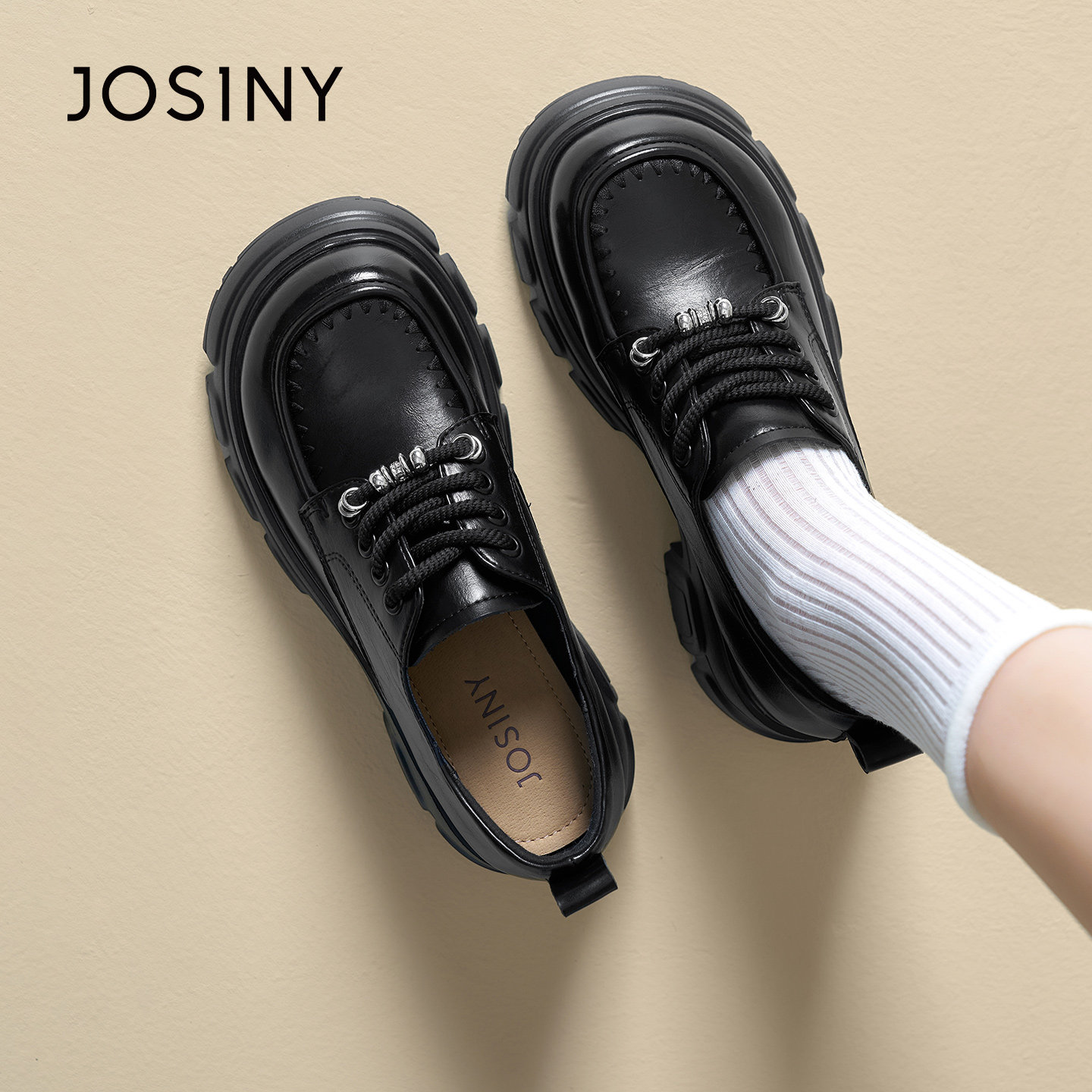 卓诗尼英伦加厚底显高深口系带单鞋女2026春季新款高跟乐福鞋女鞋,淘宝优惠券,粉丝福利购,淘宝优惠卷