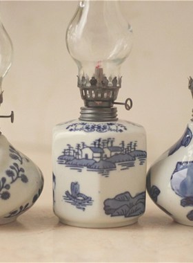 复古老货陶瓷煤油灯釉下彩手绘瓶色彩雅致脱俗