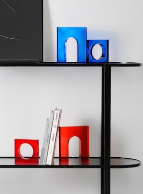 创意圆环门型书挡克莱因蓝色水晶样板房现代书挡书房桌面几何