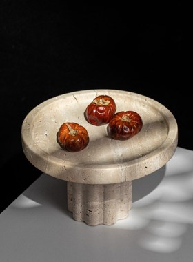 高端侘寂风大理石托盘法式高脚果盘果盆黄洞石装饰盘软装台面摆件