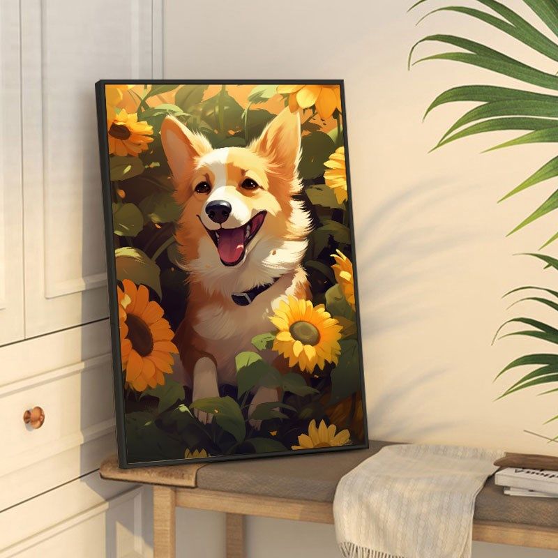 向日葵柴犬小狗狗装饰画治愈系动物客厅宠物店儿童房卧室床头挂画,淘宝优惠券,粉丝福利购,淘宝优惠卷
