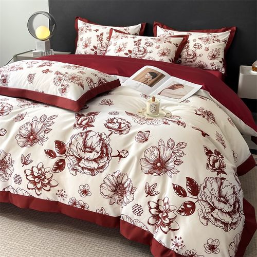 结婚四件套喜庆红色被套2025新款床单婚庆婚嫁全棉床上用品 - 图0