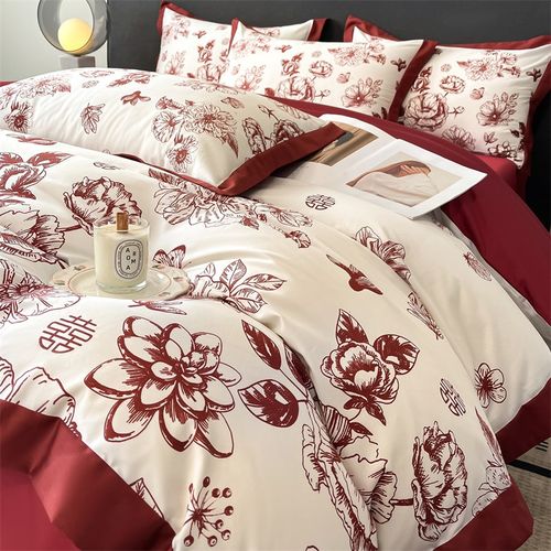 结婚四件套喜庆红色被套2025新款床单婚庆婚嫁全棉床上用品 - 图1