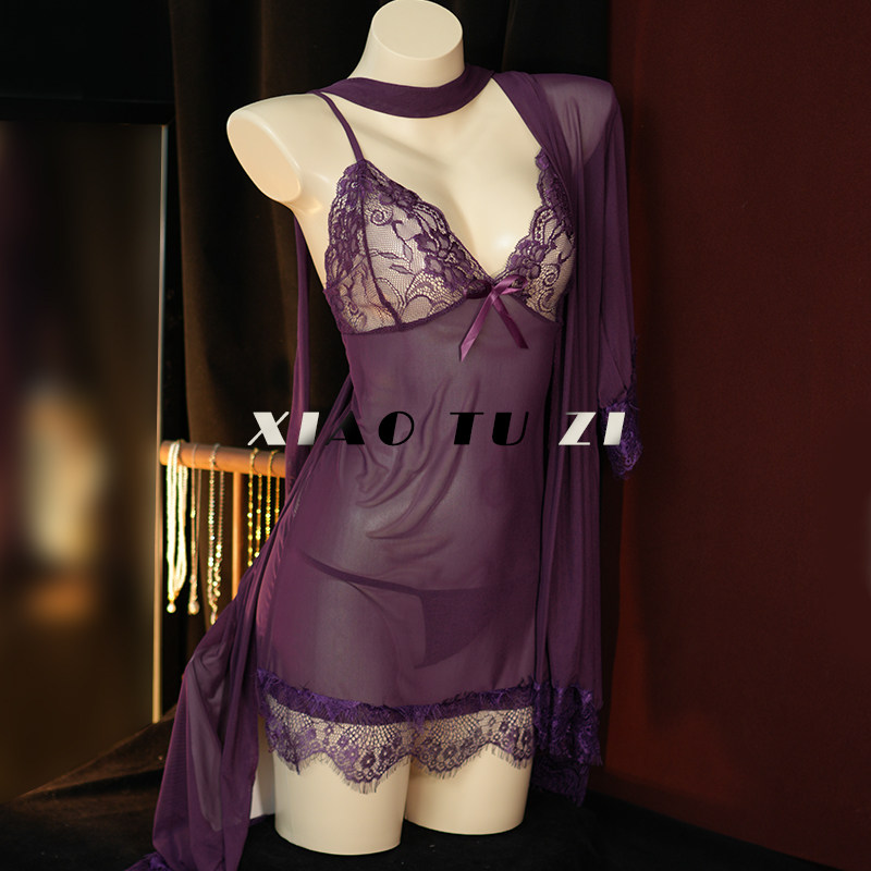 小兔子~紫色性感蕾丝透视吊带裙qqny纯欲风约会外袍女,淘宝优惠券,粉丝福利购,淘宝优惠卷